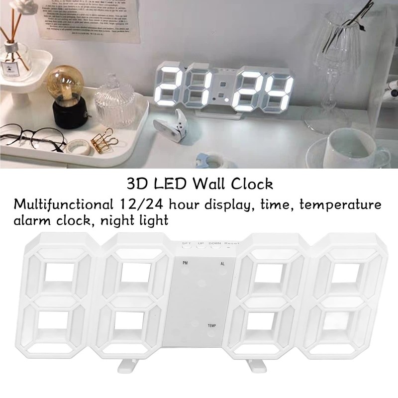 BuyWeek 3D LED Wall Clock, White Frame, Digital Alarm Clock,