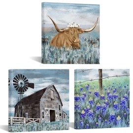 Conipit Texas Farm Canvas Wall Art Farmhouse Landscape Paintings Windmills Bluebonnets Pictures Art Wall Decor Framed for Living Room Home Decor 12"x12"x3Pcs