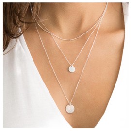 Inilbran Boho Sequin Necklace Silver Layered Coin Pendant Necklace Vintage Long Necklaces Chain Coin Disc Necklace Chain Jewellery for Women and Girls