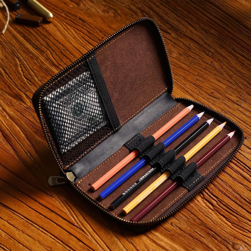 Pen Case, Genuine Leather, Pencil Case, Large Capacity, For Adults,