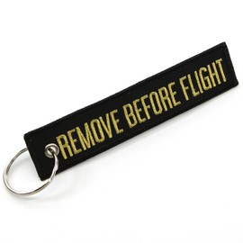 Rotary13B1 REMOVE BEFORE FLIGHT - Jet Tag Key Chain BLACK with Gold Letters 1 inch x 5 inches -100% Embroidered