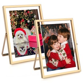 Golden State Art 2 Pack 6x8 Inch Metal Picture Frames for 5x7, 4x6 Floating Photos, with Real Glass and Pull-Out Easel Stand for Tabletop Display (Vertical) - Light Gold