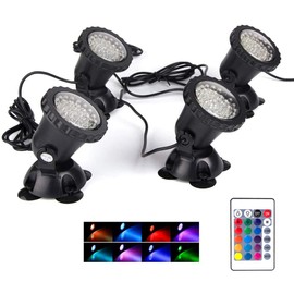 SHOYO Color Changing Spotlights Pond Lights with Timer, Submersible Fountain Lights Memory Dim Adjustable IP68 Waterproof Underwater RGB for Outdoor Garden Yard Lawn Water Pond Fountain, 4 in Set