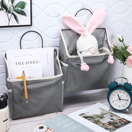 12 Pcs Wall Hanging Storage Bag Wall Hanging Organizer Bag with Hooks Closet Hanging Wall Basket with Pocket Linen Cotton Wall Organizer for Bedroom Bathroom Dormitory, 15 x 4.3 x 8.7'' (Gray)