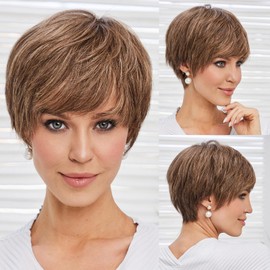 HAIRCUBE Short Chocolate Swirl Brown 100% Human Hair Wigs for Women,Pixie Cut Straight Wig With Bang Glueless Wigs Natural Daily Use