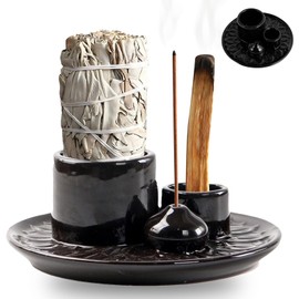 Porta incienso de cerámica versátil, quemador de incienso de Palo Santo, porta velas con bandeja recolectora de cenizas, resistente y estable para salvia, varillas de incienso o velas (Negro)