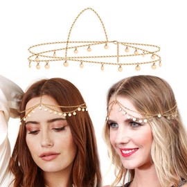 Women's Gold Headband, FUKPO Boho Headchain, Gold Hippie Oriental Headpiece, Gold Sun, Golden Head Chain, Hair Chain, Wedding Bridal Hair Accessories, Sequins, Tassels, Headband, Festival, Women and