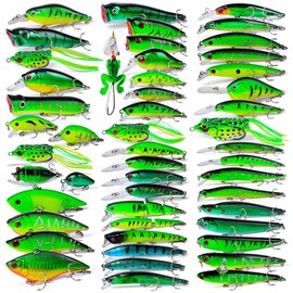 BAIKALBASS Fishing Lures Kits - Hard Baits Frog Popper Minnow Pencil Jerkbaits VIB Crankbaits Topwater Floating Lures Plugs Assorted Bass Fishing Tackle Sets Green (056-50pcs)