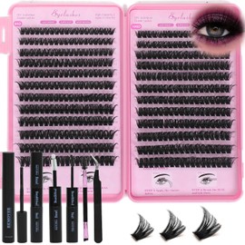 WIGICD Lash Clusters Kit, Eyelash Clusters Individual Lash Extension Kit 480 Pcs D Curl Fluffy Wispy False Eyelashes Extensions Thin Band with Bond Seal Tweezers Brush Remover (80D+100D Kit 9-16mm)