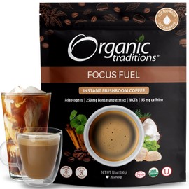 ​Organic Traditions Focus Fuel Mushroom Coffee – Organic Instant Mushroom Coffee with Lion’s Mane, Adaptogens, MCTs & Coconut Milk Powder – Supports Focus, Memory & Creativity (20 Servings) 280g/10oz