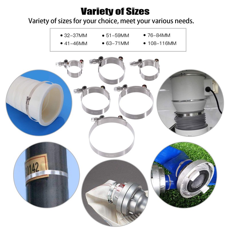 Glarks 12Pcs 6 Sizes 32-116mm Stainless Steel T-Bolt Hose Clamps