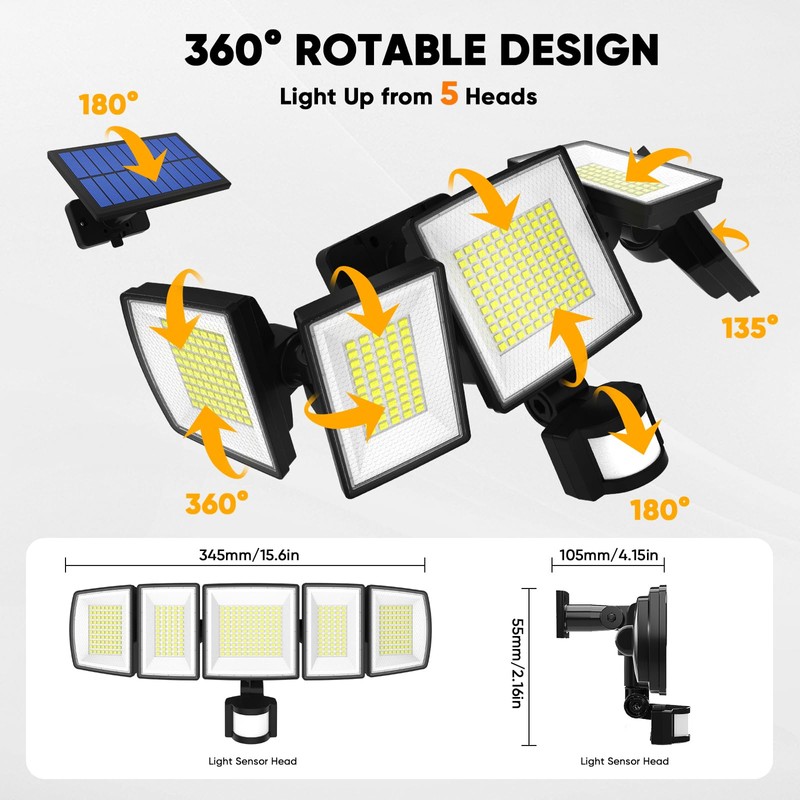 MDCMDCM Solar Motion Lights Outdoor - with 16.4ft Cable, 3000LM
