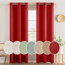 MIULEE Red Linen Curtains 96 Inches Long 2 Panels Set for Bedroom Living Room, Soft Thick Linen Textured Window Drapes Semi Sheer Light Filtering Grommet Burlap Look Christmas Decor