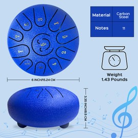 Steel Tongue Drum Percussion, 6 Inch 11 Notes Musical Instruments, Hand Pan Drum with Music Book, Handpan Drum Mallets and Cloth Bag, Music Gifts for Family Friends