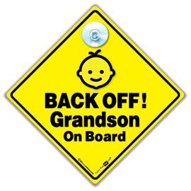 Back Off Grandson On Board Car Sign, Grandson Car Sign, Baby on Board Sign to Deter Tailgaters, Grandchild on Board 14 cm x 14cm x 2cm