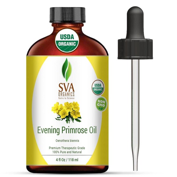 SVA ORGANICS Evening Primrose oil 4 oz(118 ml) 100% pure Therapeutic Grade For Wrinkle-Free Skin, Face and Hair and rejuvenate