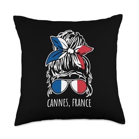 Cannes France Messy Hair Bun Bandana Sunglasses Design Throw Pillow