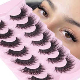 Wispy Lashes Fluffy False Eyelashes 3D Faux Mink Lashes Cat Eye Lashes Natural Look 16MM Thin Band Fake Lashes Pestañas Postizas Naturales 7 Pairs Pack