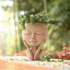 JTZXJJX Cute Girl Head Succulent Planter, Gardening pots, planters & Accessories，Face Planter Flower Pot with Drainage Hole for Indoor Outdoor Decor (Ivory A)