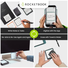 Rocketbook Rocketbook Reusable Sticky Notes Starter Pack with Storage Case, Pen, and Towel, 3"x3", 15 Black Notes - Dotted Paper, App-Connected, Erasable, Reusable Adhesive, Ideal for to-Do Lists