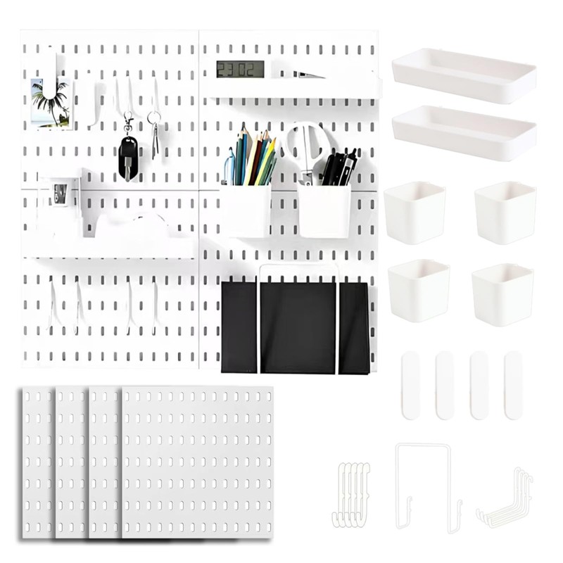 Pegboard Wall Mounted Organizer Storage Set, Includes 4 White Pegboards