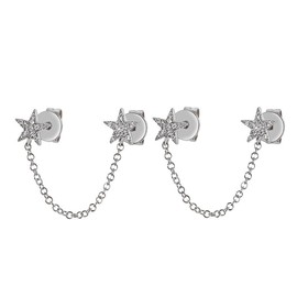 Cute Double Star Cuff Wrap Climber Crawler Piercing Cartilage Stud Earrings With Chain for Women Two Holes Fashion Minimalist Stars Threader (Silver, One size)