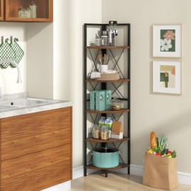 LOKO 5-Tier Corner Bookshelf, Ladder Shelf with Metal Frame, Anti-Tipping Kits, Multipurpose Shelving Unit, Modern Plant Stand, for Study, Bedroom, Living Room (1,Rustic Brown)