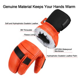 KUTOOK Ski Mittens Men Women with HIPORA Waterproof Membrane Goat Leather Gloves for Skiing Outdoor Orange