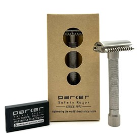 Parker Safety Razor, LA VARIANTE PEINE ABIERTO - Maquinilla de afeitar de seguridad de doble filo ajustable, personaliza tu afeitado con un giro del dial de suave a agresivo - 5 cuchillas incluidas (CROMO SATINADO) (Cromo satinado)