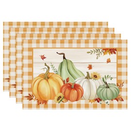 Bonhause Fall Pumpkins Leaves Placemats Set of 4, 12x18 Inch Buffalo Plaid Autumn Thanksgiving Kitchen Dinning Table Mats Washable Place Mats for Indoor Outdoor Home Party Decor