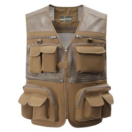 Gihuo Men's Fishing Vest Utility Safari Travel Vest with Pockets Outdoor Work Photo Cargo Fly Summer Vest (XX-Large, Khaki-mesh)