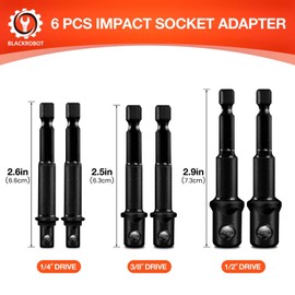 BLACKROBOT 6-Piece Impact Socket Adapter Set, 1/4" 3/8" 1/2" Drive, Hex Shank Drill Bits Adapter & Organizer for Automotive & DIY, Chrome Vanadium Steel with Black Phosphated Surface