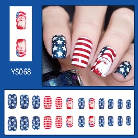 Independence Press on Nails Set Short Glossy Glitter American Eagle False Nails Five-Pointed Star Design Square Stars Full Cover Press On Patriotic False Nails for 4th of July Finger Manicure 24Pcs