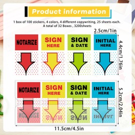 32 Boxes Perkoop Sign Here Notarize Initial Here Sign and Date Tabs Stickers Flags for Office School Students Notebook Annotating Books Notary Books, 100 Pcs Each Box