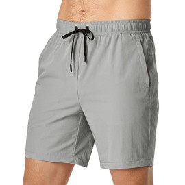 JMIERR Men's Athletic Shorts Running 4 Way Stretch Basketball 7 Inch Drawstring Shorts with Zipper Pockets, Light Grey, Medium