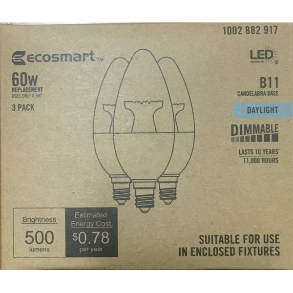 3-Pack Ecosmart 60 Watt Equivelent LED Dimmable Candelabra Daylight Uses 6 Watts Daylight 5000 K 500 Lumens