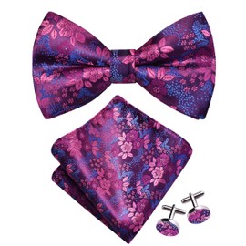 Gusleson Red Purple Bow Tie and Pocket Square Set for Men Floral Pre-Tied Bowties Cufflinks for Wedding (UK0493-31)