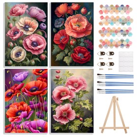 4 Pack Paint by Numbers Kits for Adults Beginners Framed Canvas, Flowers DIY Adult Paint by Number Kit with Easel, Painting by Numbers for Beginners, Arts and Crafts for Home Decor 8x12inch
