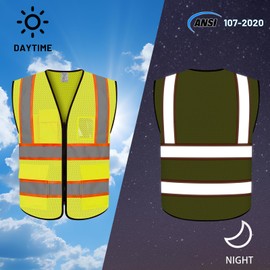 LIZMOF Safety Vest for Men Women, High Visibility Vest with Reflective Strip, Neon Hi Vis Construction Work Vest with Zipper and Pockets, ANSI Compliant, Class3, Yellow, 4XL