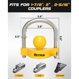 RETRUE Universal Coupler Lock Trailer Locks Ball Hitch Trailer Hitch Lock Adjustable Security Heavy-Duty Steel Fits 1-7/8 Inch, 2 Inch, 2-5/16 Inch Couplers, Bright Yellow, Light Weight