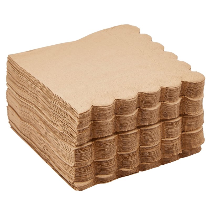 100 Pack Kraft Paper Brown Cocktail Napkins with Scalloped Edges