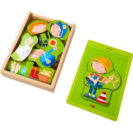 HABA 304641 Wooden Puzzle Colourful Job Mix, Puzzle Box with 24 Pieces to Combine, Wooden Toy from 18 Months