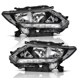 WEELMOTO Headlights Assembly Compatible with 2014 2015 2016 Nissan Rogue with LED DRL Strip Pair, Fits Factory Halogen Models Only (NO PROJECTOR)