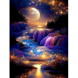 FLAJZ Diamond Painting, Moon Waterfall 5D Diamond Painting Pictures, Diamond Painting Set for Adults and Beginners, DIY Mosaic Making Craft Set for Home Wall Decoration, 30 x 40 cm