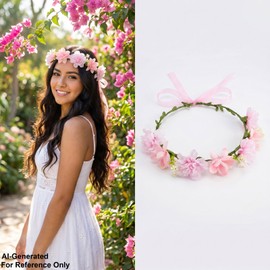 TACBSP Colorful Flower Crown for Women Rose Flower Headband Handmade Floral Headpiece Cosplay Headwear Wedding Party Wreath Hair Accessories (Pink 1)