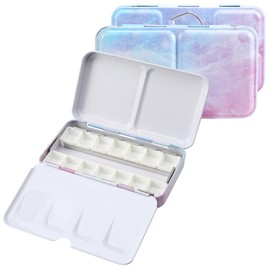 HAUSTGO Watercolor Palette Empty with Paint Tray and 14PCS Watercolor Half Pans - Sturdy Empty Watercolor Palette Tin - Customizable Metal Watercolor Palettes