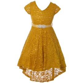 BluNight Collection Big Girls Short Sleeve Floral Lace Hi Lo Rhinestones Wedding Flower Girl Dress Mustard 12 (2J1KS98)