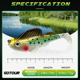GOTOUR Pre-Rigged Jig Head Fishing Lures, Paddle Tail Swimbaits for Bass Fishing, Weedless Soft Plastic Fishing Lures for Freshwater or Saltwater, Premium Fishing Teasers, Walleye Shad Baits