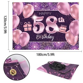 PAKBOOM Happy 58th Birthday Banner Backdrop - 58 Birthday Party Decorations Supplies for Women - Pink Purple Gold 4 x 6ft