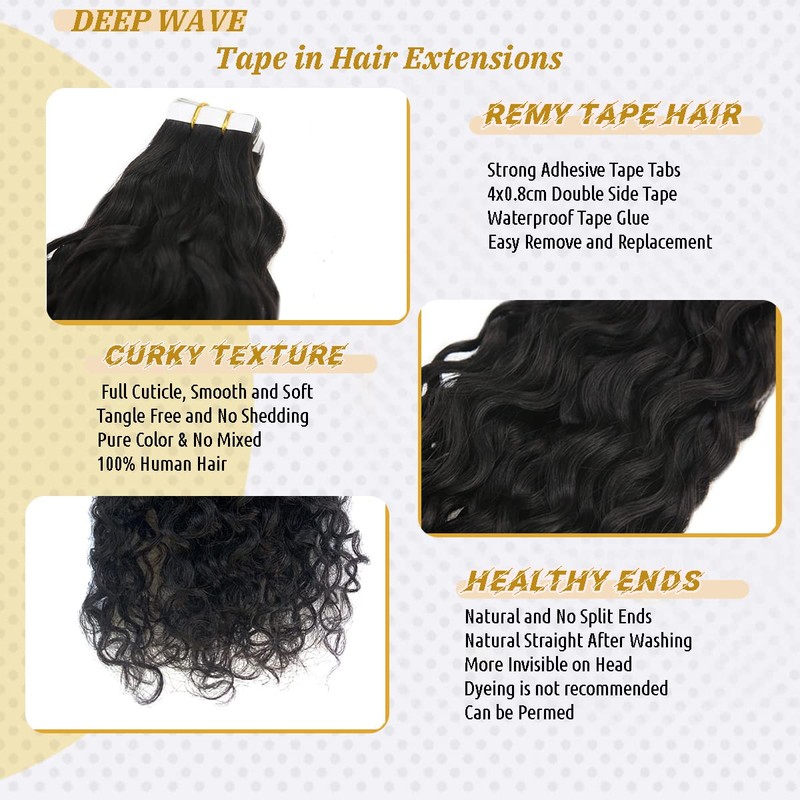 Natural Black Water Wave Tape in Human Hair Extensions for